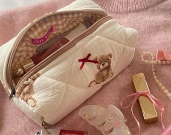 Teddy Makeup Bag, Gift for Her, Cute Cosmetic Bag, Aesthetic Zipper Pouch
