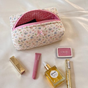 Coquette Pink Floral Makeup Bag- Pink Makeup Bag- Aesthetic Cosmetic Bag- Cute Summer Bag- Toiletry Organizer- Gift For Her- Zipper Pouch