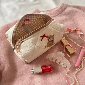 Teddy Makeup Bag, Christmas Gift for Her, Cute Cosmetic Bag, Aesthetic Zipper Pouch, Teddy Bear Case, Makeup Bag with Ribbon