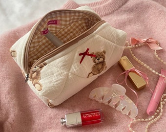 Teddy Makeup Bag, Christmas Gift for Her, Cute Cosmetic Bag, Aesthetic Zipper Pouch, Teddy Bear Case, Makeup Bag with Ribbon