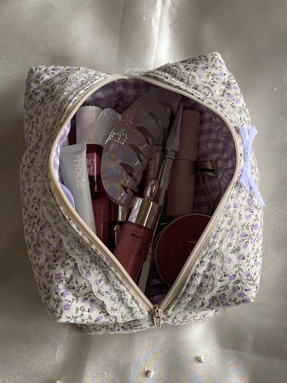 Lilac Floral Makeup Bag With White Ribbon- Cute Makeup Bag