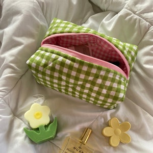 Cosmetic Bag- Makeup Bag- Green Gingham Makeup Bag- Gingham Makeup Bah- Quilted Makeup Bag- Giftforher- Quilted Cosmetics Bag