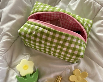 Sac cosmétique- Sac de maquillage- Sac de maquillage Green Gingham- Gingham Makeup Bah- Sac de maquillage matelassé- Giftforher- Sac cosmétique matelassé