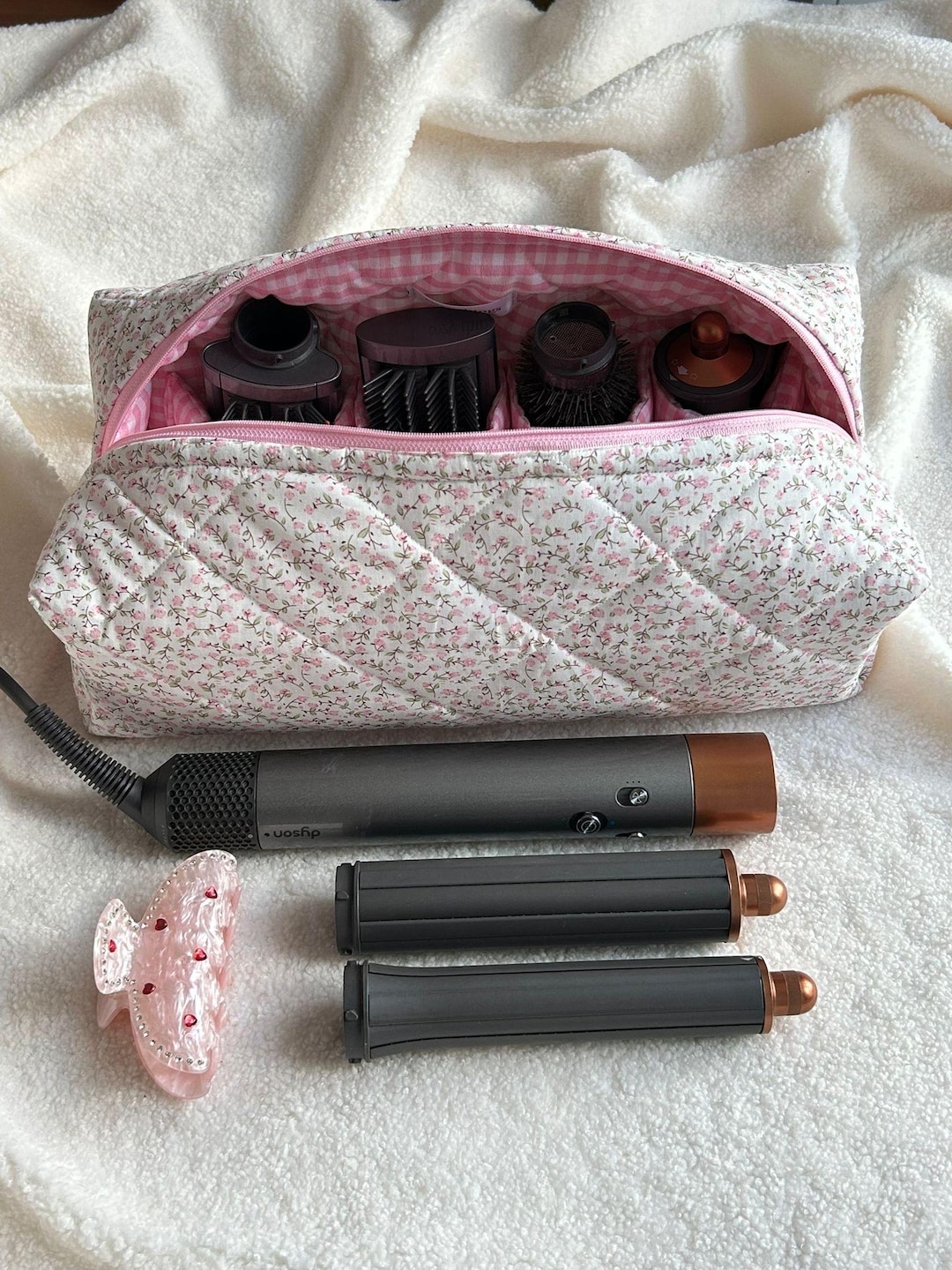 Floral Pattern Hair Tool Bag, Dyson Airwrap/airstrait Bag, Quilted  Organizer Bag, Cotton Travel Bag, Women Bag, Pink Floral Hair Tool Bag 