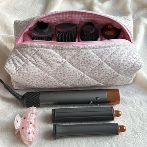 Sac à outils de coiffure à motif floral, sac Dyson Airwrap/Airstrait, sac de rangement matelassé, sac de voyage en coton, sac pour femme, sac à outils de coiffure à motif floral rose