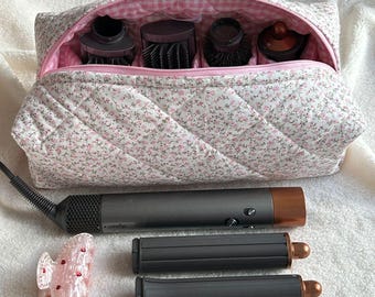 Floral Pattern Hair Tool Bag, Dyson Airwrap/Airstrait Bag, Quilted Organizer Bag, Cotton Travel Bag, Women Bag, Pink Floral Hair Tool Bag