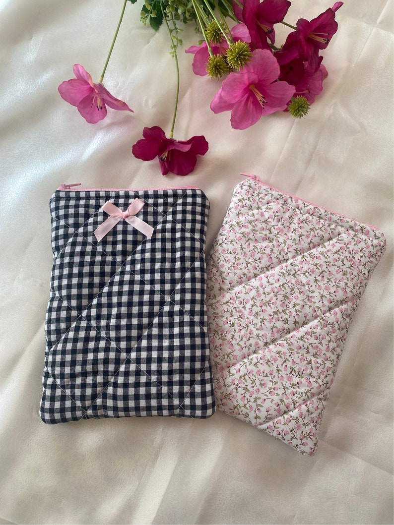 Kindle Pouch, Floral Kindle Case, Gingham Kindle Pouch, Kindle Case with Bow, Cute Kindle Sleeve, Gift for Her, Coquette Kindle Case image 2