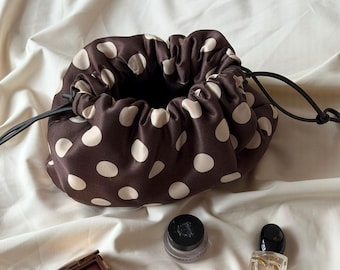 Brown Polka Dot Makeup Bag, Drawstring Cosmetic Bag, Travel Makeup Organizer, Aesthetic Beauty Pouch, Gift for Her, Polka Dot Aesthetic
