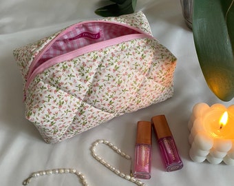 Pink Floral Makeup Bag- Pink Makeup Bag- Aesthetic Cosmetic Bag- Cute Summer Bag- Toiletry Organizer- Gift For Her- Zipper Pouch