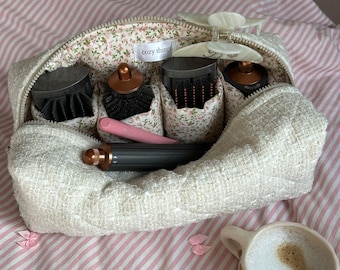 Bolsa de herramientas para el cabello de tweed, bolsa Dyson Airwrap/Airstrait, bolsa organizadora acolchada, bolsa de viaje de algodón, bolso para mujer