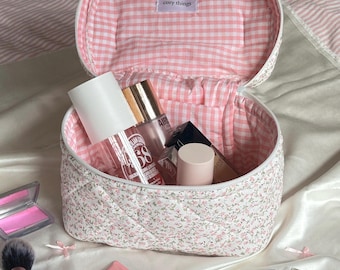 Pink Floral Pattern Vanity Bag, Aesthetic Vanity Bag, Travel Bag, Makeup Bag, Handmade Vanity Bag, Cosmetic Case For Travel Toiletries