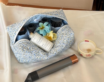 Sac à outils de coiffure à motif floral, sac Dyson Airwrap/Airstrait, sac de rangement matelassé, sac de voyage en coton, sac pour femme, sac à outils de coiffure bleu à motif floral
