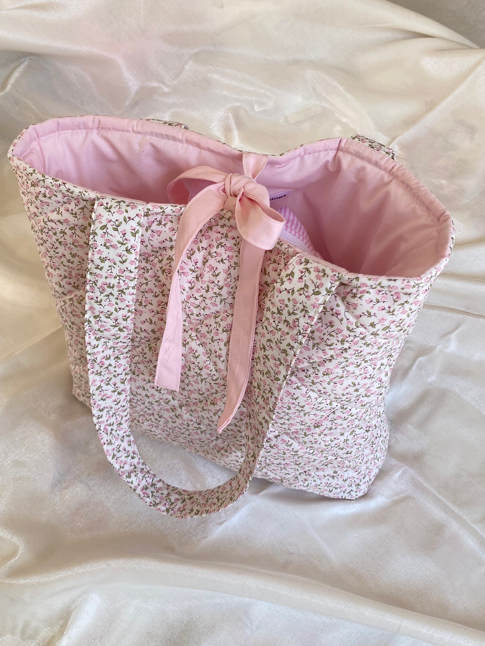 Pink Floral Tote Bag, Ribbon Tote Bag, Aesthetic Tote Bag,