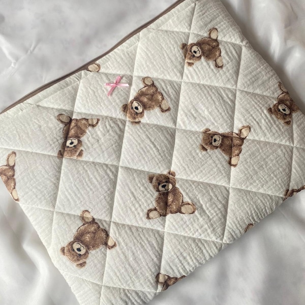 Teddy Laptop Sleeve, Aesthetic Laptop Case, Cute Laptop Bag, Quilted Laptop, iPad Tablet Sleeve, Laptop Flat Pouch