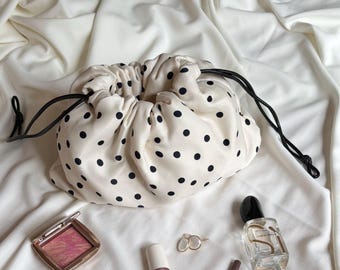 White Polka Dot Makeup Bag, Drawstring Cosmetic Bag, Travel Makeup Organizer, Aesthetic Beauty Pouch, Gift for Her, Polka Dot Aesthetic