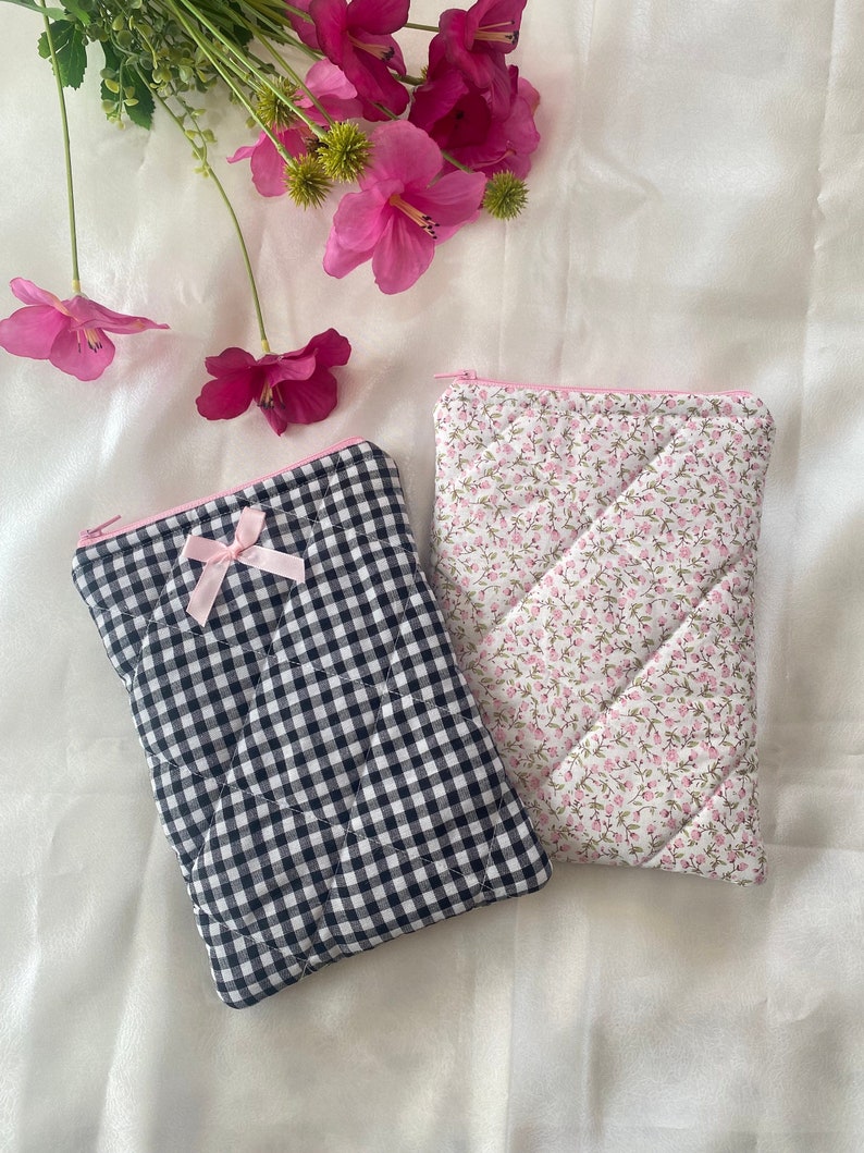 Kindle Pouch, Floral Kindle Case, Gingham Kindle Pouch, Kindle Case with Bow, Cute Kindle Sleeve, Gift for Her, Coquette Kindle Case image 1