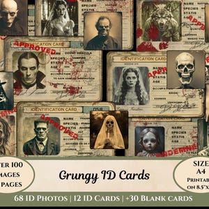 Puede incluir: Un collage de tarjetas de identificación y retratos de estilo vintage con personajes de terror clásicos. Las tarjetas tienen un aspecto desgastado con texto como "Aprobado" y "Tarjeta de identificación". La imagen incluye el texto "Grungy ID Cards" y "Over 100 Images".
