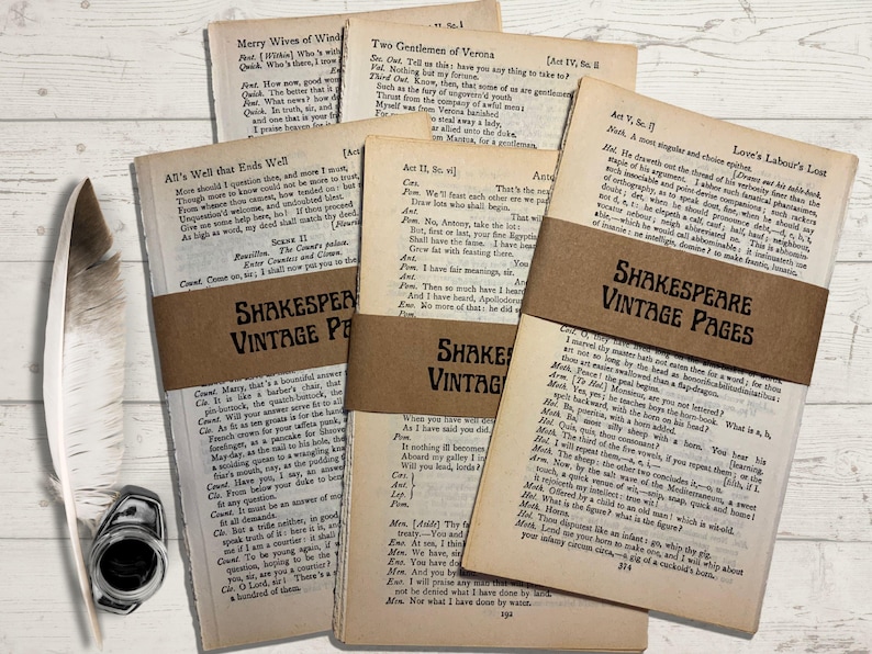 May include: A collection of vintage Shakespeare pages, bound with brown paper bands, featuring printed text. A white feather and inkwell are placed on the wooden surface, creating a literary theme.