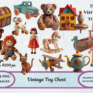 Pode incluir: Uma coleção de imagens de brinquedos vintage, incluindo um baú de madeira, um caminhão azul, ursos de pelúcia, uma boneca, um cavalo de balanço, um barco, um unicórnio e uma chaleira. O texto "154 Vintage Toys" também está presente.