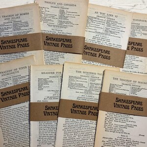 May include: A collection of vintage Shakespeare pages, each bound with a brown paper band that reads "Shakespeare Vintage Pages." The pages display text from various plays, including "Romeo and Juliet" and "Macbeth."