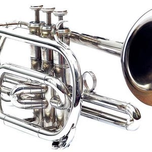 May include: A shiny silver trumpet with three valves and a bell. The instrument is angled, showcasing its curved tubing and detailed craftsmanship. The trumpet is a brass instrument, commonly used in jazz and classical music.