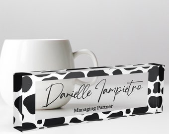 Cow Print Name Plate for Desk, Farm House Design Clear Name Plate, Western Name Stand, Gift for Veterinarian