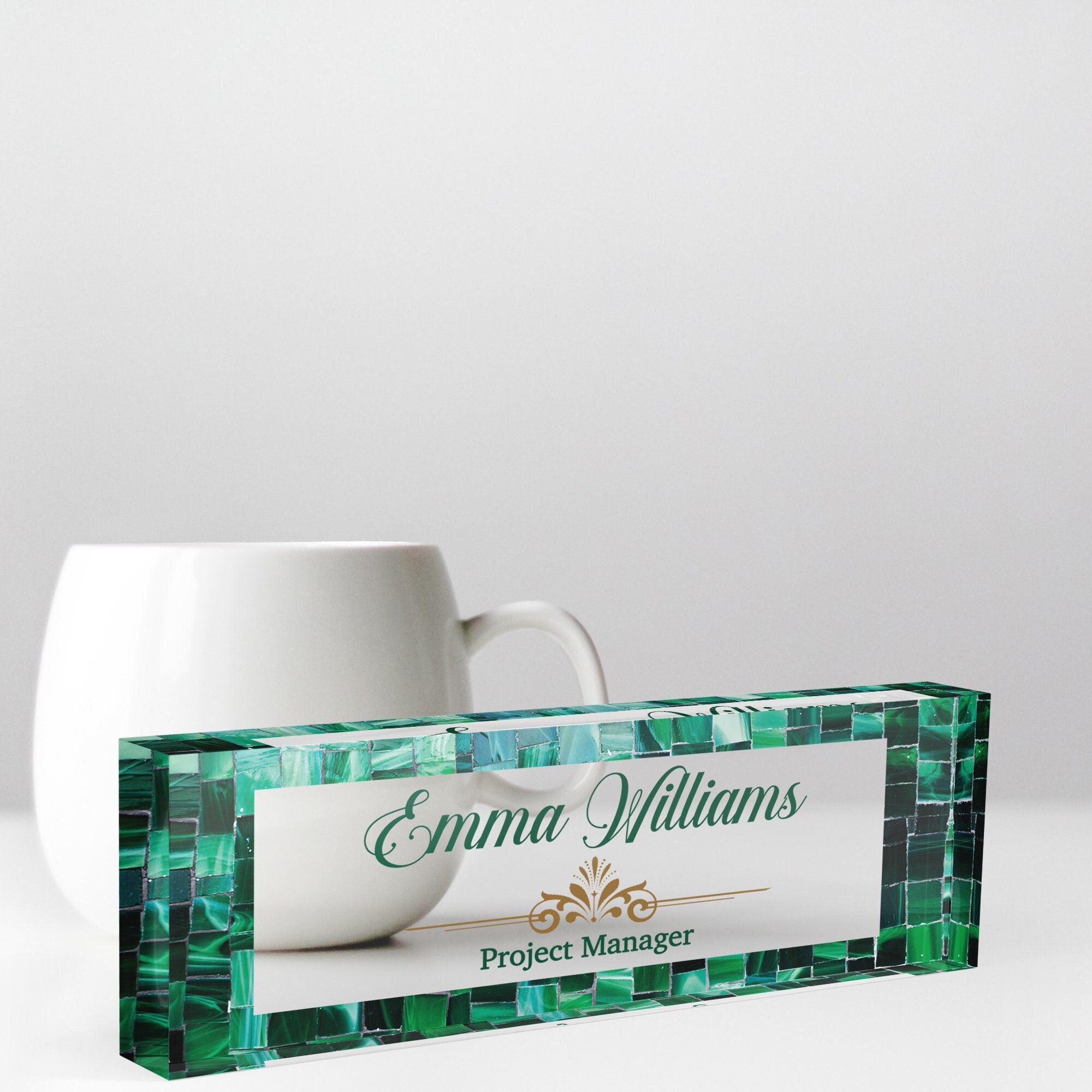 Emerald Green Desk Name Plate, Green Mosaic Luxury Name Plate for Desk ...