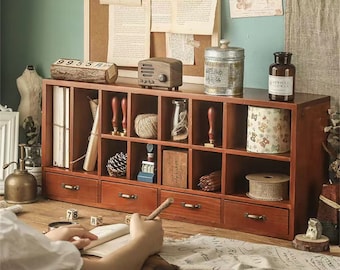 Desktop storage box tape cosmetics shelf desk stationery desk wooden retro drawer cabinet
