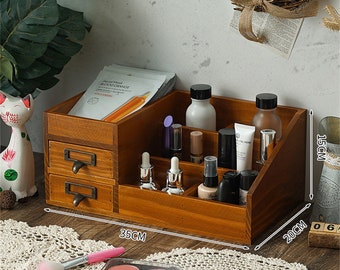 study table organizer Drawer style cosmetics retro storage box Zakka desktop dresser wooden mask lipstick desk shelf