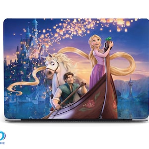 May include: A laptop skin featuring a scene from the animated movie Tangled. The image shows Rapunzel and Flynn Rider in a boat with her horse, Maximus, in the background. The scene is set against a backdrop of a castle and a night sky filled with lanterns.