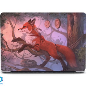 May include: A red fox with white markings sits on a branch in a woodland setting. The fox has a feathered headdress and is surrounded by a mystical atmosphere.