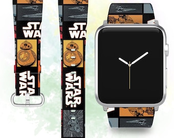 May include: A black and orange Apple Watch band with a Star Wars theme. The band features a repeating pattern of the Star Wars logo, BB-8, and X-Wing fighters.