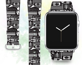 May include: A black and white Apple Watch band with a Star Wars theme. The band features a repeating pattern of the Star Wars logo, the words "Dark Side", and various other Star Wars imagery. The band is shown on a silver Apple Watch.