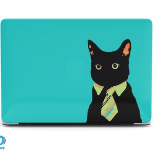 May include: A teal blue laptop skin with a black cat wearing a green and orange tie. The cat is looking to the left of the image.