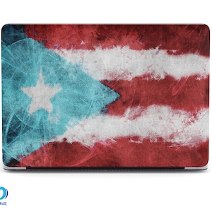 May include: A laptop skin with a distressed, watercolor-style design of the Puerto Rican flag. The flag features red, white, and blue stripes with a white star on a blue triangle.