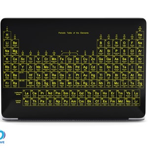 May include: A black laptop with a yellow periodic table of the elements printed on the lid. The table includes the atomic number, symbol, and name of each element.