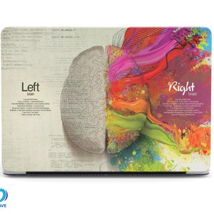 Könnte beinhalten: Eine Laptop-Haut mit einem farbenfrohen, abstrakten Design eines Gehirns. Die linke Seite des Gehirns ist grau und weiß, während die rechte Seite ein farbenfrohes, abstraktes Design ist. Der Text "Left brain" und "Right brain" befindet sich auf der Haut.