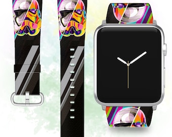 May include: A colorful Apple Watch band with a graphic of a Stormtrooper helmet. The band is black with white stripes and a colorful design on the front. The watch face is black with white hands.