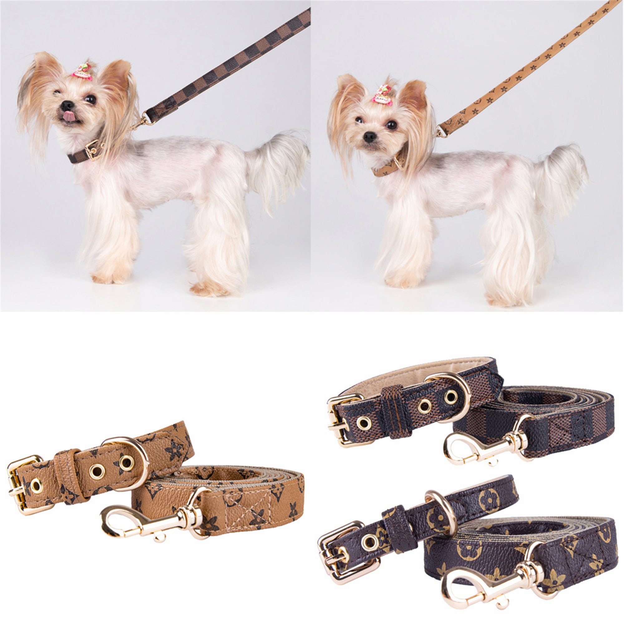 Chewy Vuitton  Harness  Leash Brown Set  Dog Apparel