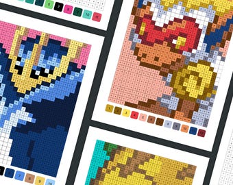 Color by numbers | Sinnoh Starter Pokemon | Pixel Painting | Coloring book download | Paint by number | Turtwig, Chimchar, Piplup