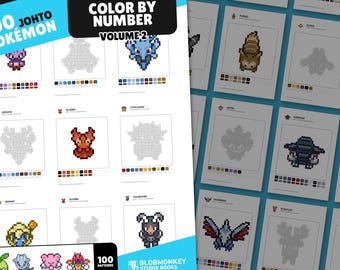 100 Pokemon Color by number templates | Johto Region Collection | Pokemon Pixel Art | Pixel art book