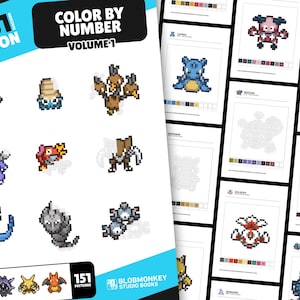 May include: A color by number activity book featuring 151 Pokemon characters. The cover shows a variety of Pokemon characters in pixel art style. The book is titled "All 151 Pokemon Color by Number Volume 1".