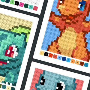 May include: Three pixel art images of Pokemon characters. The first image is of Bulbasaur, a green, grass-type Pokemon with a red eye and a brown seed on its back. The second image is of Charmander, an orange, fire-type Pokemon with a yellow flame on its tail. The third image is of Squirtle, a blue, water-type Pokemon with a brown shell on its back.