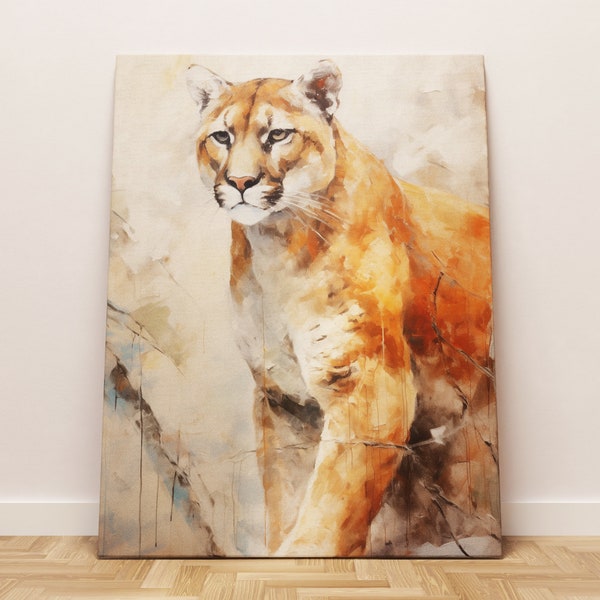 Cougar canvas of poster, grote canvas print, kunst aan de muur natuur, wildlife poster, olieverfschilderij faux design