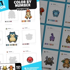 151 modelli di Pokémon da colorare con i numeri / Collezione della regione di Kanto / Pixel art di Pokémon / Libro di pixel art