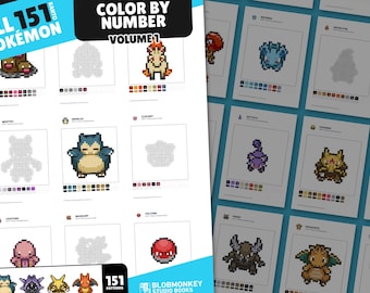 151 Pokemon Color by number templates | Kanto Region Collection | Pokemon Pixel Art | Pixel art book