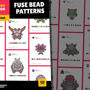 Könnte beinhalten: Eine Sammlung von gedruckten Mustern für Bügelperlenkunst mit 135 Hoenn Pokémon-Designs. Die Muster werden auf weißen Karten mit farbenfrohen, pixeligen Bildern verschiedener Pokémon-Charaktere angezeigt. Der Text "FUSE BEAD PATTERNS" ist deutlich sichtbar.