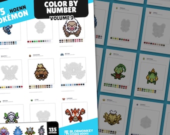 135 Pokemon Color by number templates | Hoenn Region Collection | Pokemon Pixel Art | Pixel art book