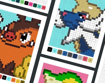 Color by numbers | Unova Starter Pokemon | Pixel Painting | Coloring book download | Paint by number | Snivy, Tepig, Oshawott