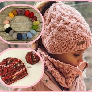 Instructions, children's hat, knitting pattern, knit hat, ponytail hat, cable hat, with hole for cable